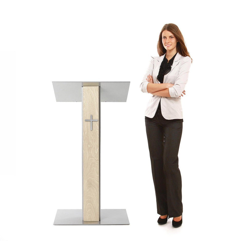 Y5 lectern / podium from Urbann Products - Unfinished wood - side view - with woman and cross