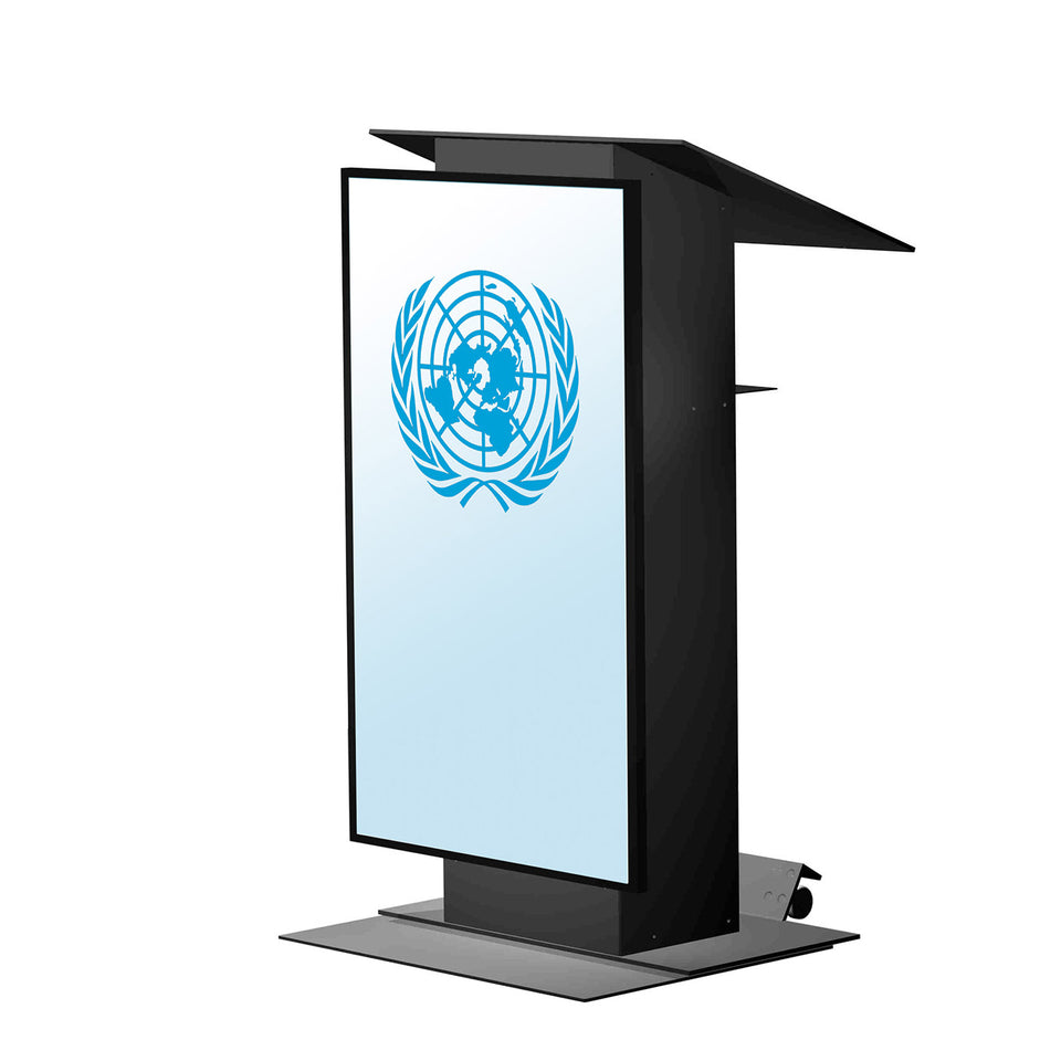 K5 lectern / podium LCD monitor with wheels from Urbann Products side view