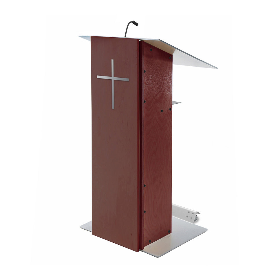 K2 lectern Full Mahogany / wooden podium with wheels from Urbann Products side view - with cross