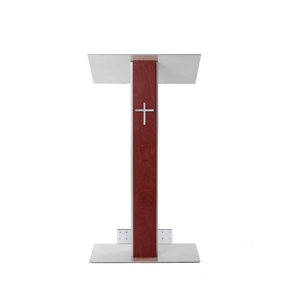 Y5 lectern / podium from Urbann Products - Mahogany - with wheels front view - with cross