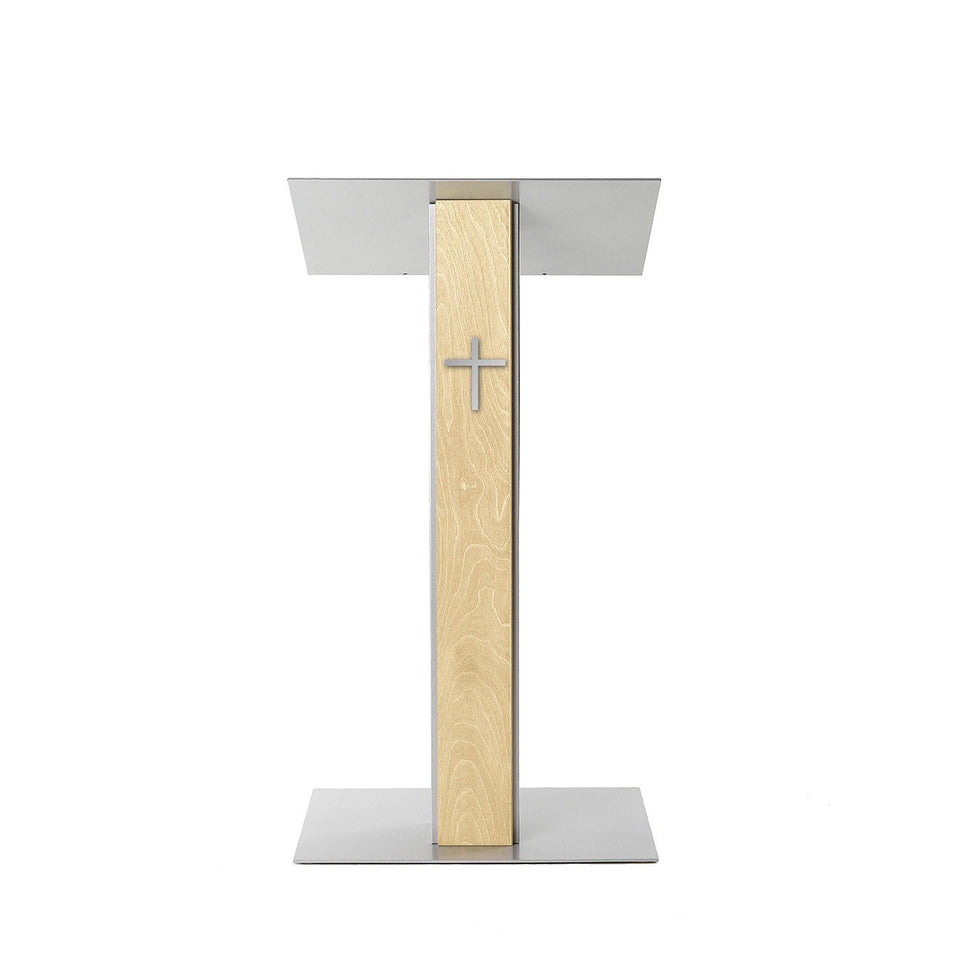 Y5 lectern / podium from Urbann Products - Natural wood - front view - with cross