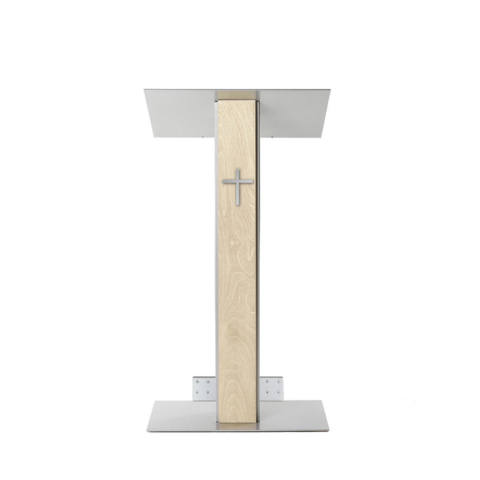 Y5 lectern / podium from Urbann Products - Unfinished wood - with wheels front view - with cross