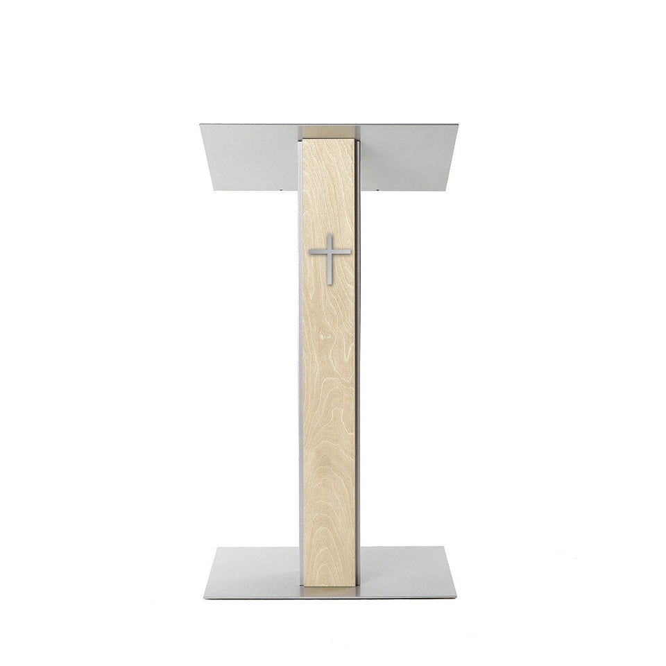 Y5 lectern / podium from Urbann Products - Unfinished wood - front view - with cross