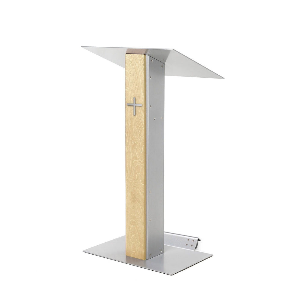 Y5 lectern / podium from Urbann Products - Natural - with wheels side view - with cross