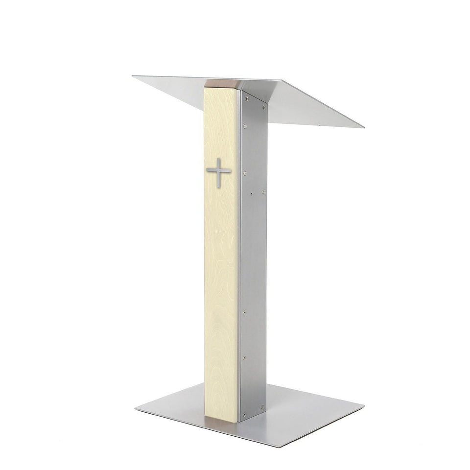 Y5 lectern / podium from Urbann Products - Unfinished wood - side view - with cross