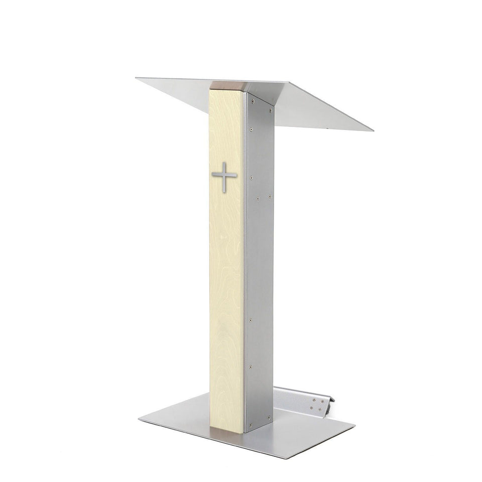 Y5 lectern / podium from Urbann Products - Unfinished wood - with wheels side view - with cross